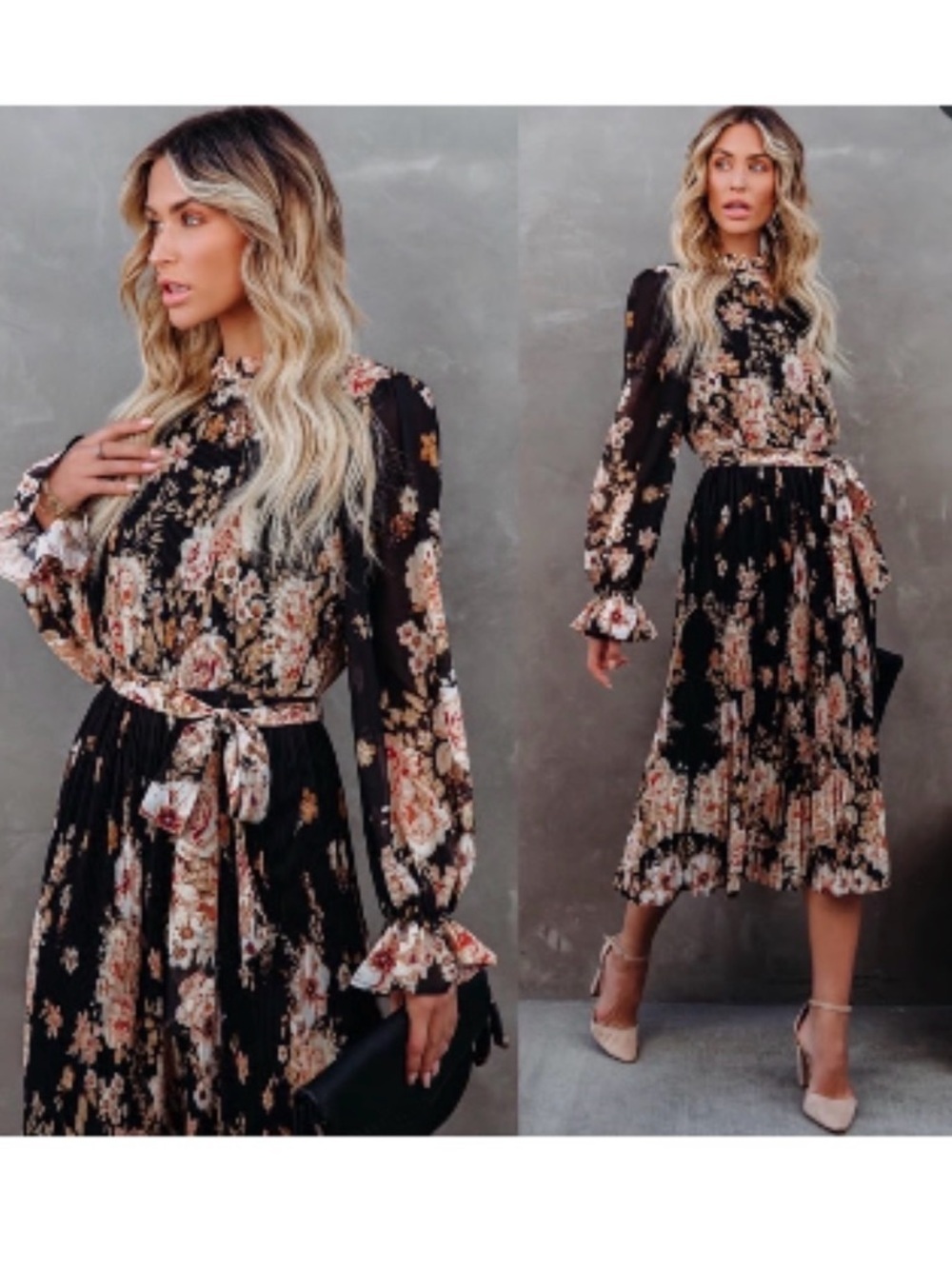 Vici Black Floral Pleated Midi Dress with Blush and Cream Accents Sz XS